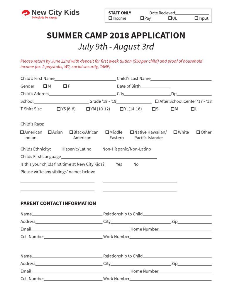 Summer Camp Application 2018 New City Kids